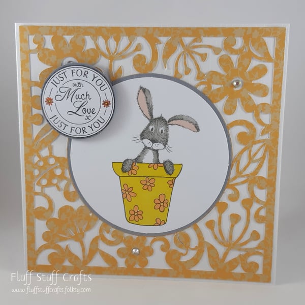 Handmade Just for You card - plant pot rabbit