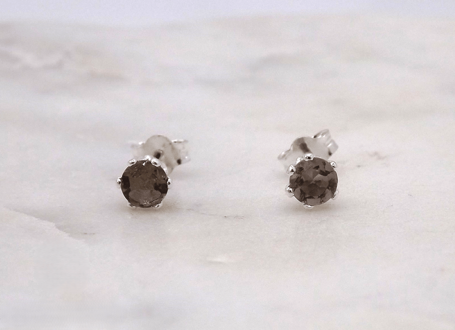 Smoky Quartz Facet 4mm Gemstone 6 Prong Sterling Silver Stud Earrings.