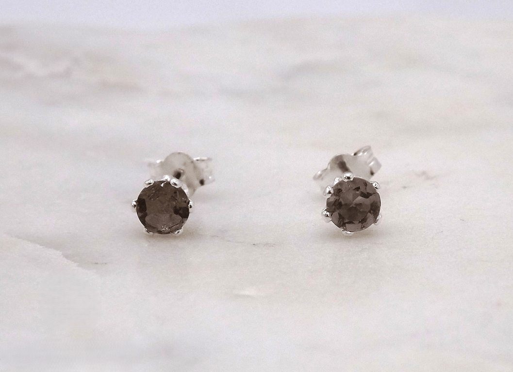 Smoky Quartz Facet 4mm Gemstone 6 Prong Sterling Silver Stud Earrings.