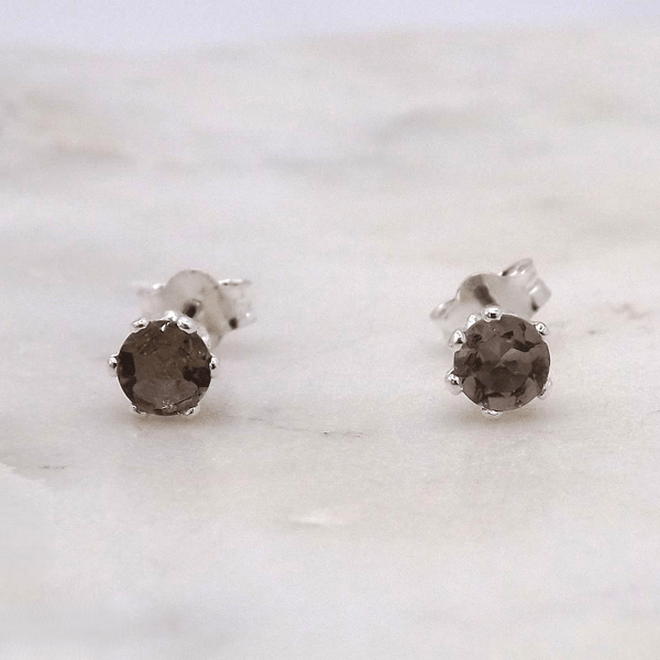 Smoky Quartz Facet 4mm Gemstone 6 Prong Sterling Silver Stud Earrings.
