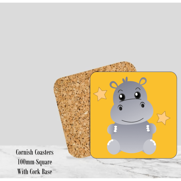 Yellow Happy Hippo Coaster 4" Square With Cork Base