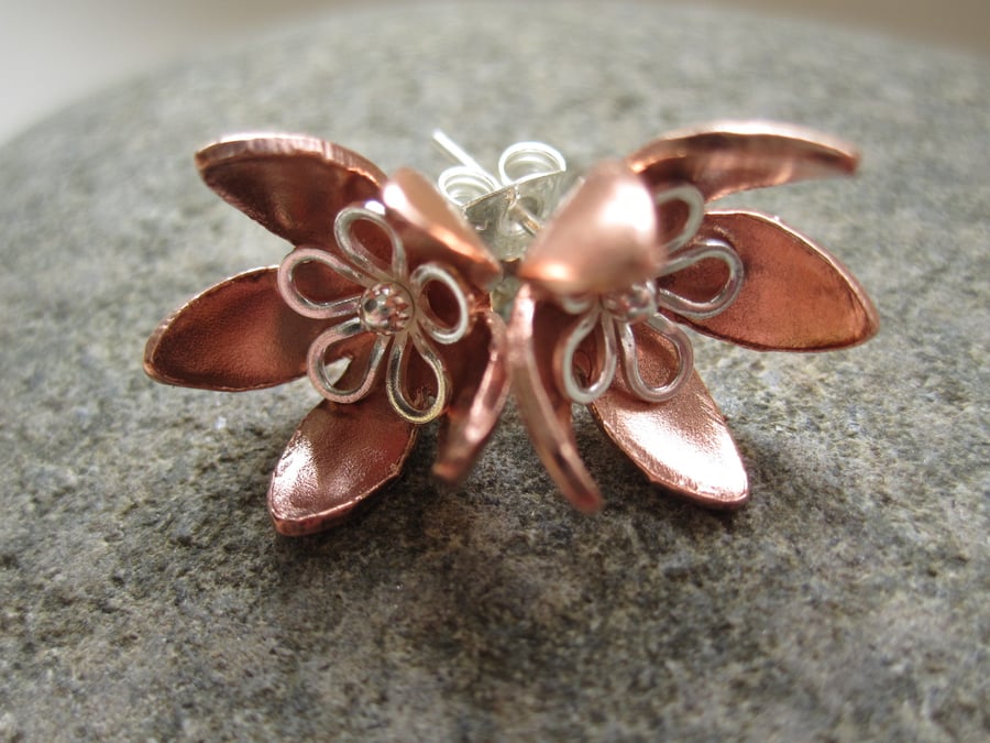 Silver Copper Flower Stud earrings - (made by metasmith) earring, gift, post 
