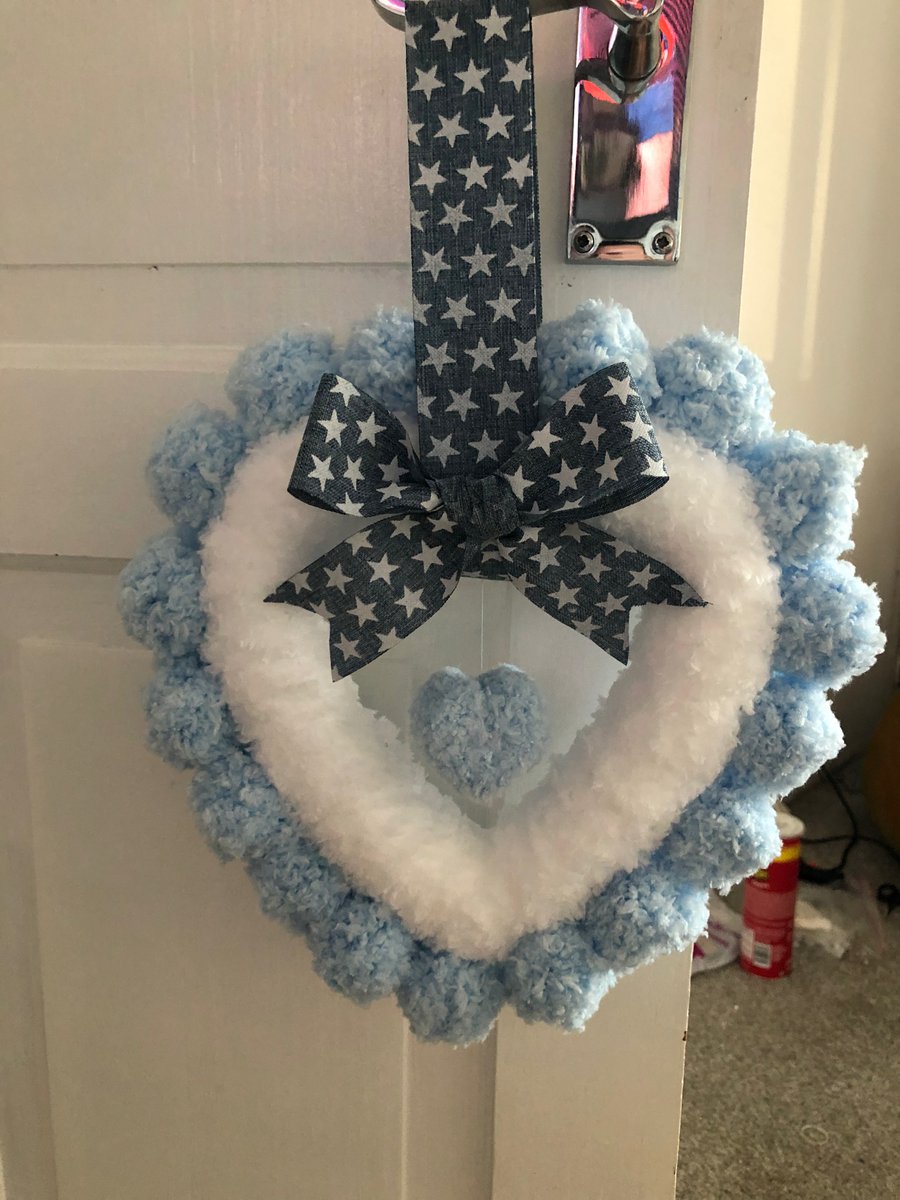 Baby blue and white handmade Pom Pom wreath 
