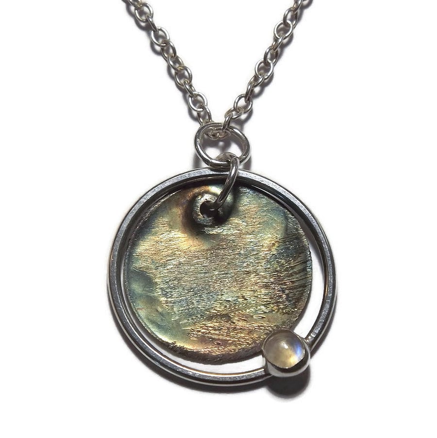 oxidised fine silver disc and moonstone handmade pendant
