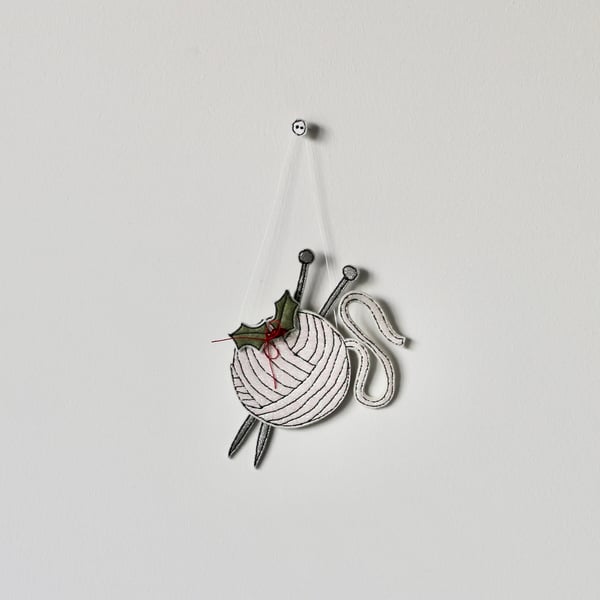 'Wool, Knitting Needles and Holly'-Hanging Decoration
