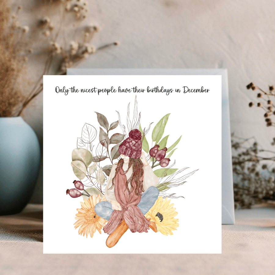December Watercolour print greetings card for a December Birthday