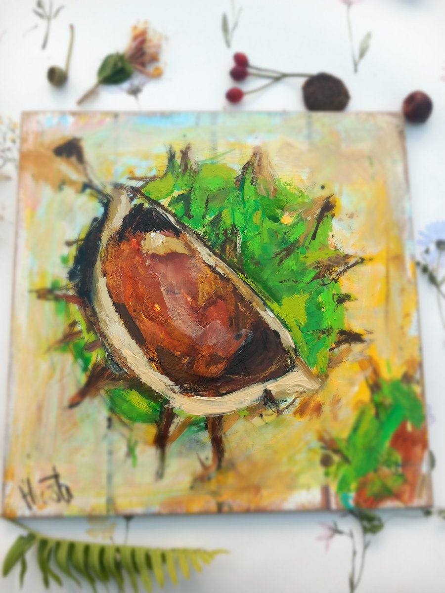 'Conker ' original painting on board. Autumn inspired home decor 