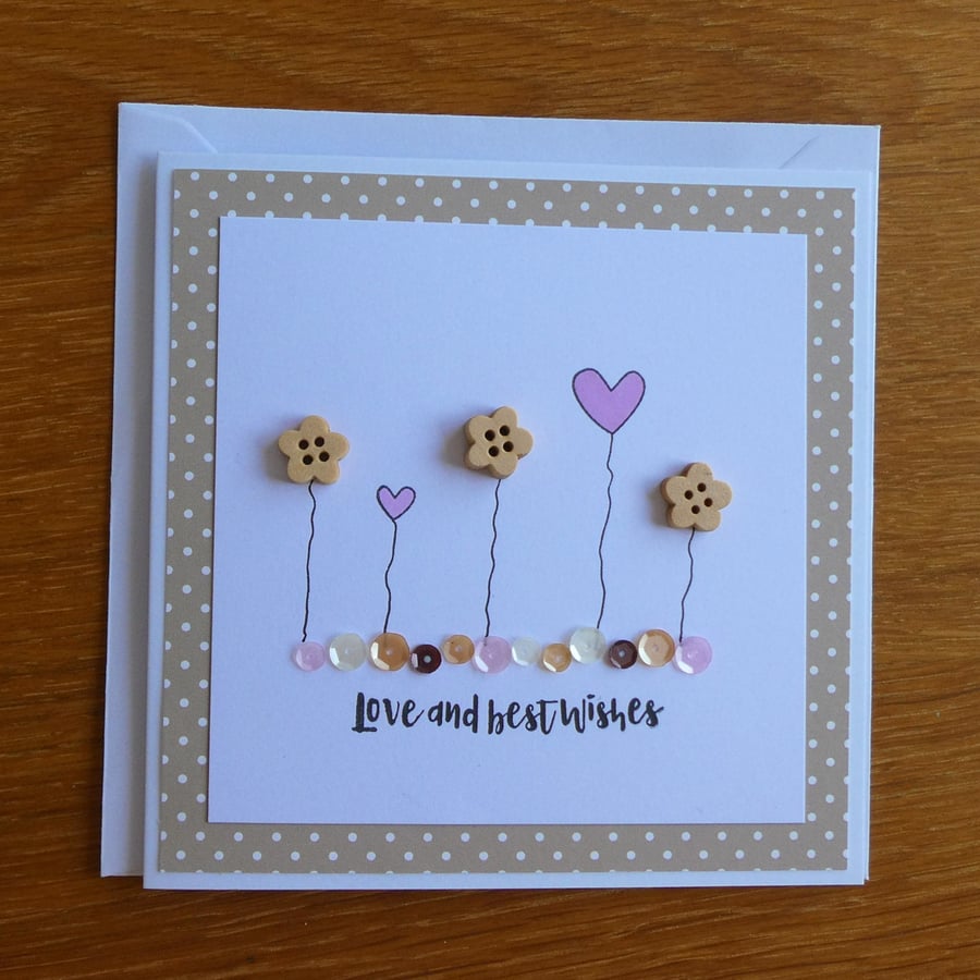 Love and Best Wishes Card - Flowers and Hearts - Pink and Fawn