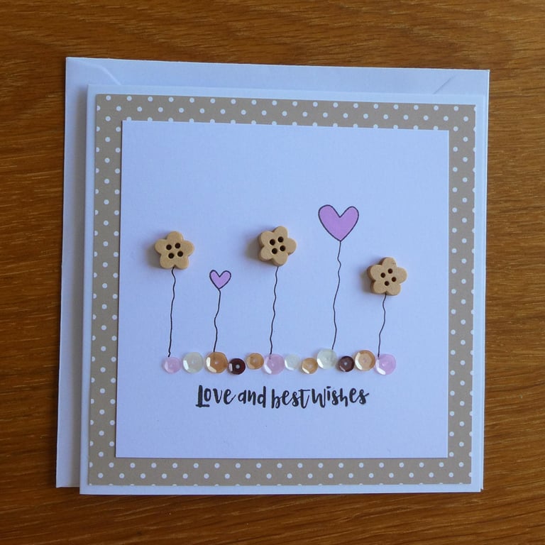 Love and Best Wishes Card - Flowers and Hearts - Pink and Fawn