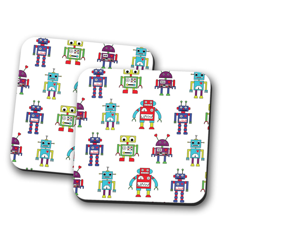White with Multicoloured Robots Design Coaster, Drinks Mat