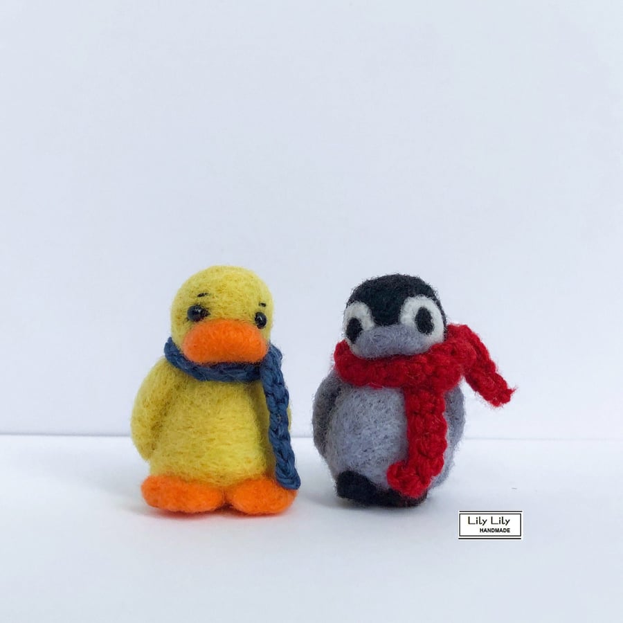 Duck and penguin characters, needle felted by Lily Lily Handmade