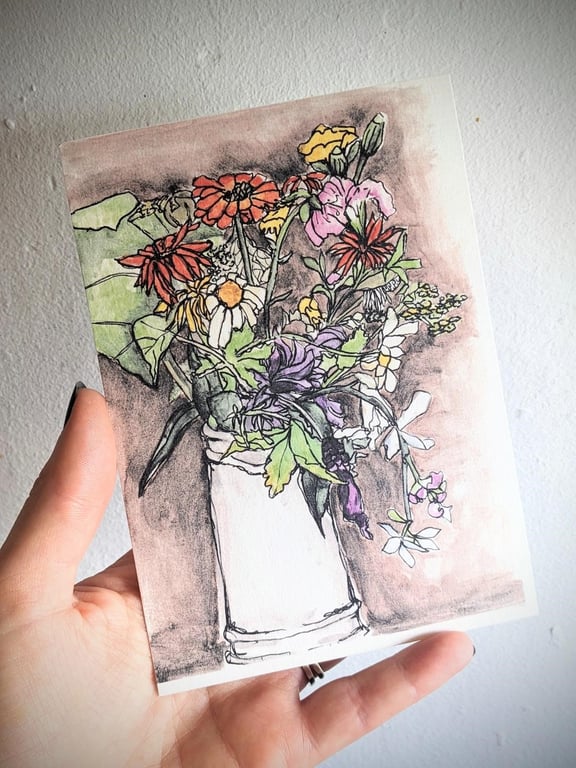 Wildflower Vase Greetings Card - A6 Blank Botanical Art Card, Floral Still life