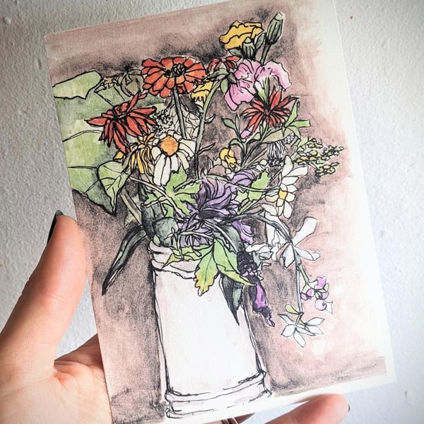 Wildflower Vase Greetings Card - A6 Blank Botanical Art Card, Floral Still life