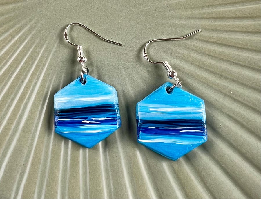 Seascape Earrings, Sea Earrings, Handmade Earrings, Clay Earrings, Handpainted 