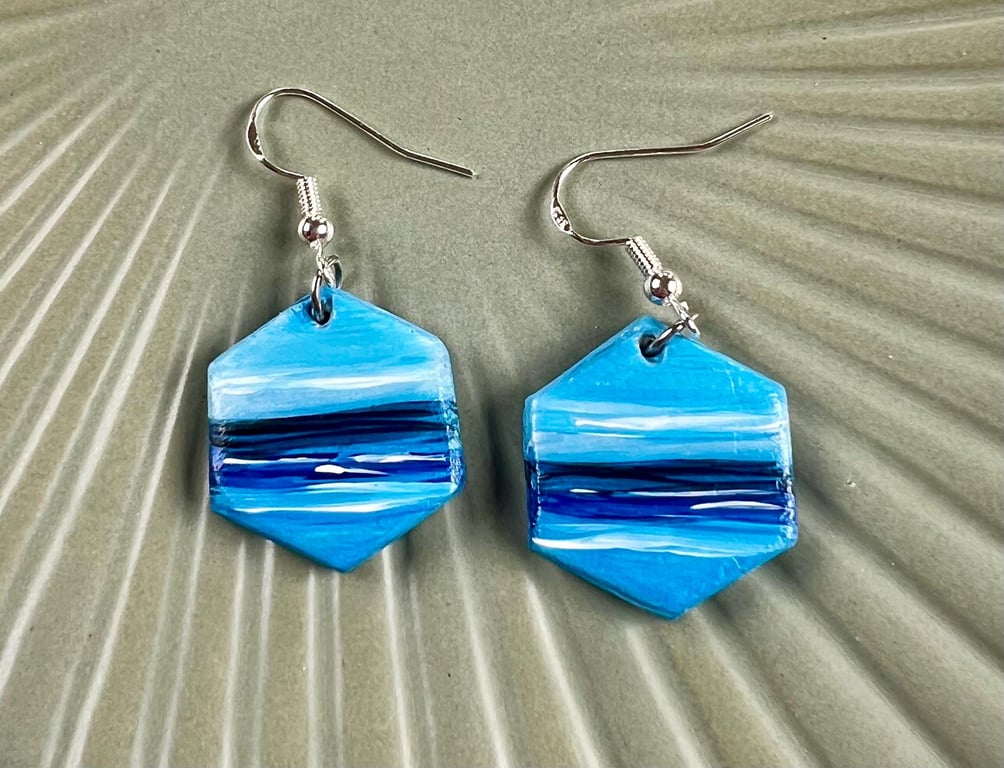 Seascape Earrings, Sea Earrings, Handmade Earrings, Clay Earrings, Handpainted 