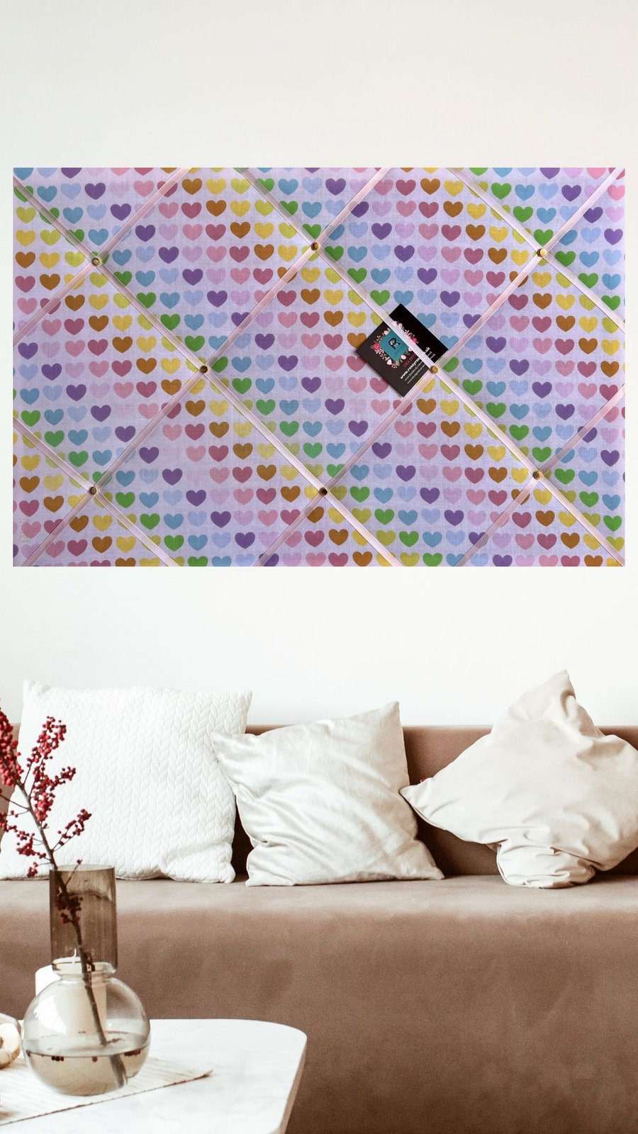 Handmade Bespoke Memo Notice Board With Multicolour Rainbow Hearts Fabric