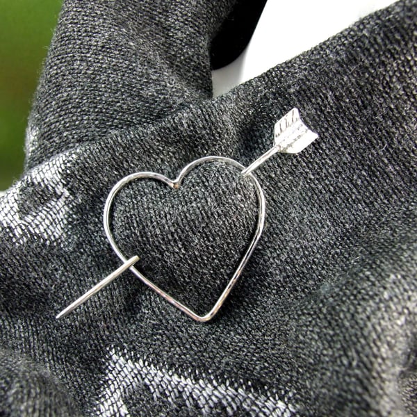 Shawl Pin, Sterling Silver Cupids Heart and Arrow