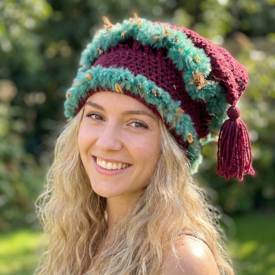 Festival Crochet Hat  Wine Red and Fluffy Green Garden Yarn   Vegan Friendly.