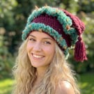 Festival Crochet Hat  Wine Red and Fluffy Green Garden Yarn   Vegan Friendly.