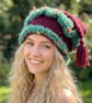 Festival Crochet Hat  Wine Red and Fluffy Green Garden Yarn   Vegan Friendly.