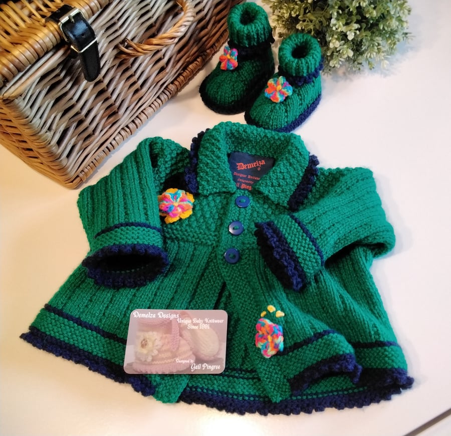 Hand Knitted Unique Baby Girl's Jacket & Booties Gift Set  0-6 months size