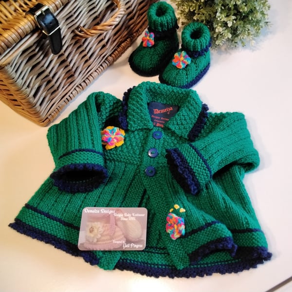 Green & Navy Blue Cosy Baby Girl's Jacket & Booties Gift Set  0-6 months size