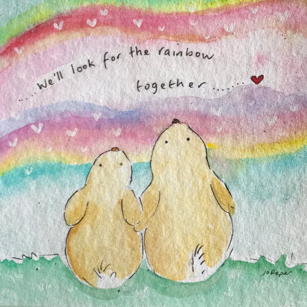 We’ll look for the rainbow together bunnies Original painting Jo Roper