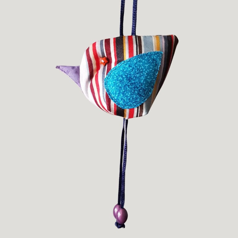 Striped Hanging Fabric Bird Ornament with Turquoise Blue Wing