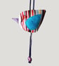 Striped Hanging Fabric Bird Ornament with Turquoise Blue Wing