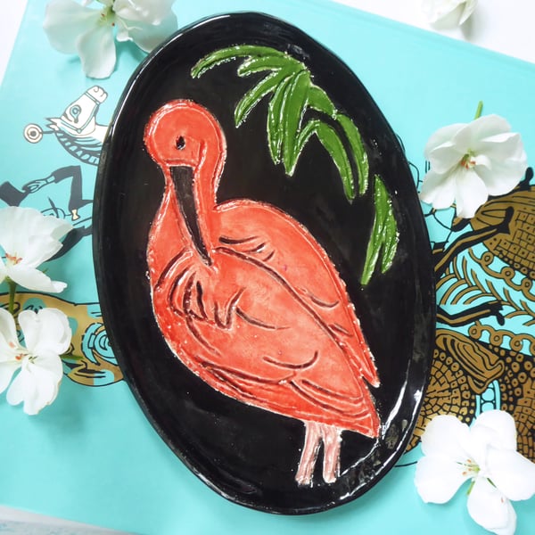 Scarlet Ibis Ceramic Dish - Handmade