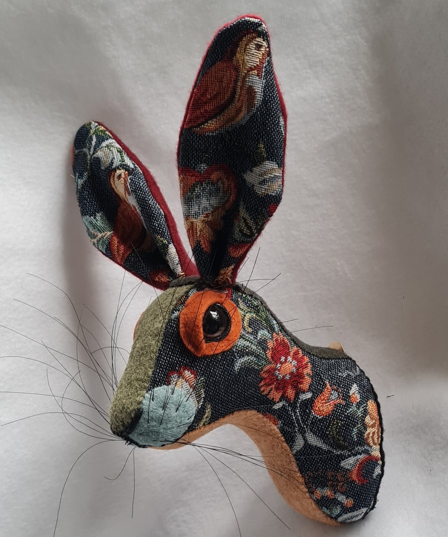 Faux hare head wall mount in floral tapestry fabric - Honey