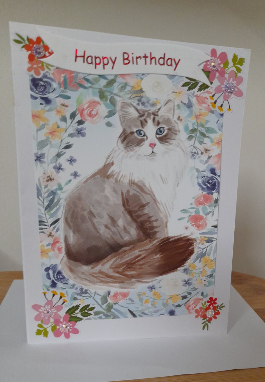 CUTE PERSIAN CAT HANDMADE BIRTHDAY CARD.
