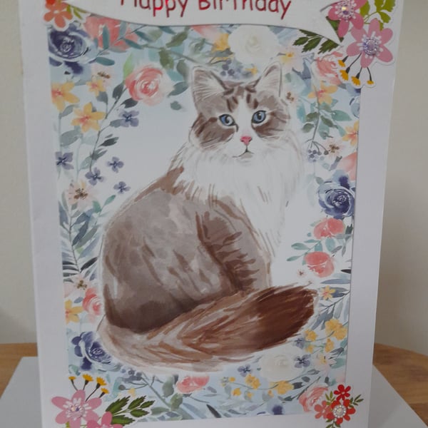 CUTE PERSIAN CAT HANDMADE BIRTHDAY CARD.