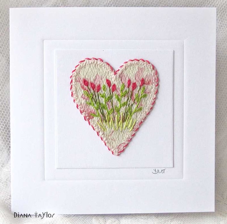 HAND EMBROIDERED VINTAGE FABRIC FLORAL  HEART CARD  