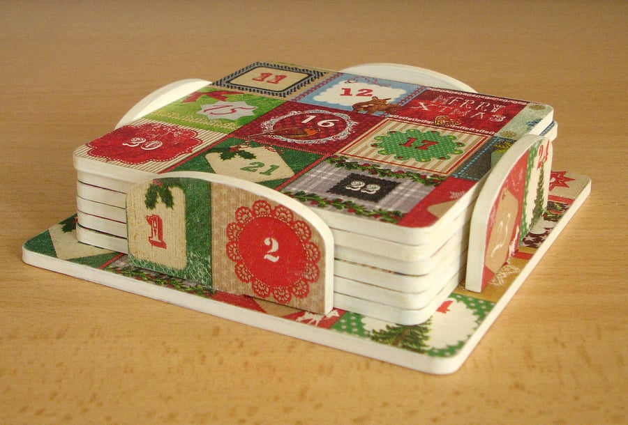 Christmas Coasters, Set of 6 with Holder, Days of Christmas Advent Numbers
