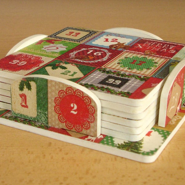 Christmas Coasters, Set of 6 with Holder, Days of Christmas Advent Numbers
