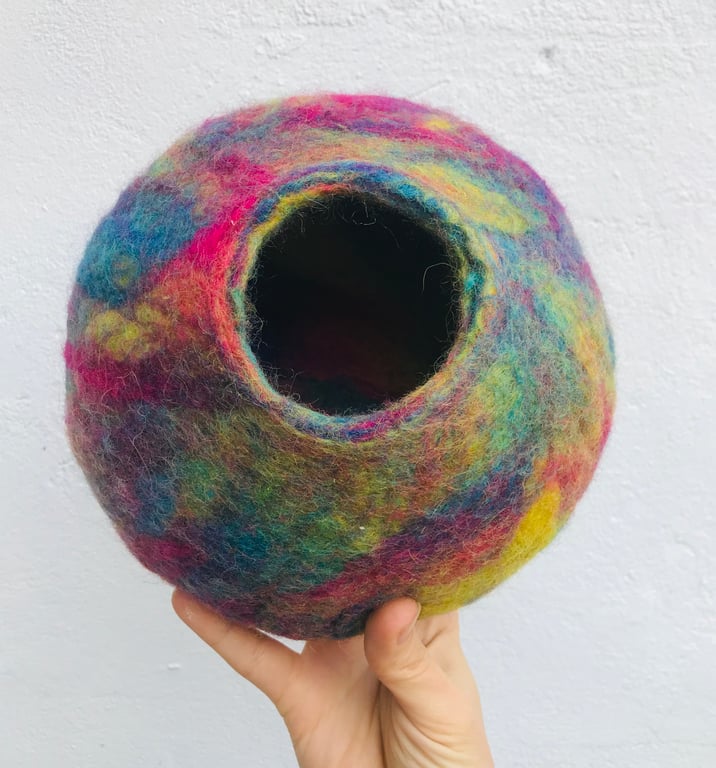 Rainbow wool bowl, planter bowl, planter vessel, felted rainbow bowl.
