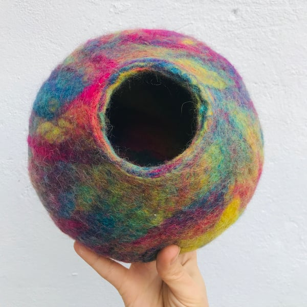 Rainbow wool bowl, planter bowl, planter vessel, felted rainbow bowl.