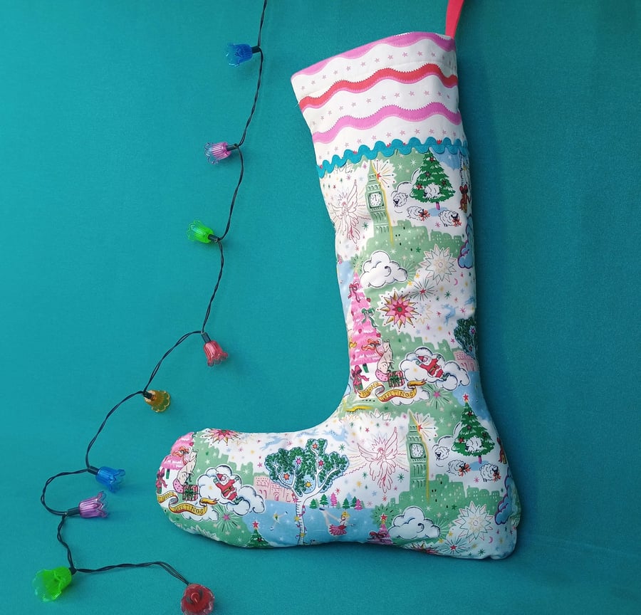 Upcycled Stocking - Christmas Sky with pink tree, angel, skater, Santa