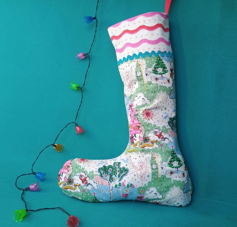Upcycled Stocking - Christmas Sky with pink tree, angel, skater, Santa