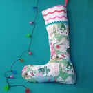 Upcycled Stocking - Christmas Sky with pink tree, angel, skater, Santa