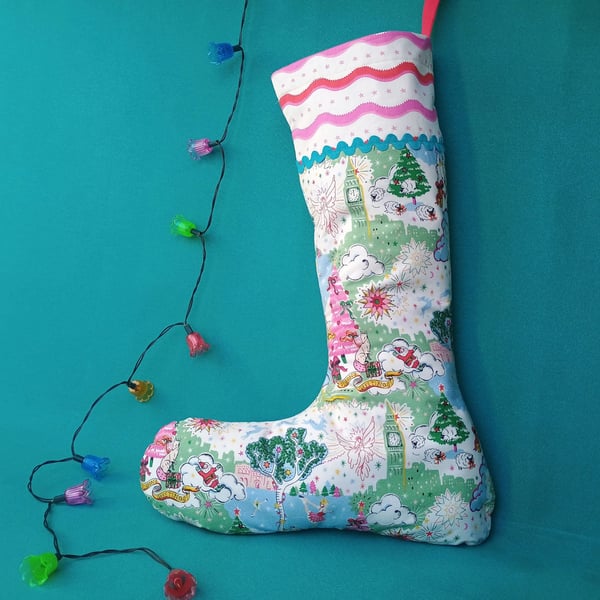 Upcycled Stocking - Christmas Sky with pink tree, angel, skater, Santa