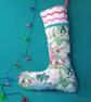 Upcycled Stocking - Christmas Sky with pink tree, angel, skater, Santa