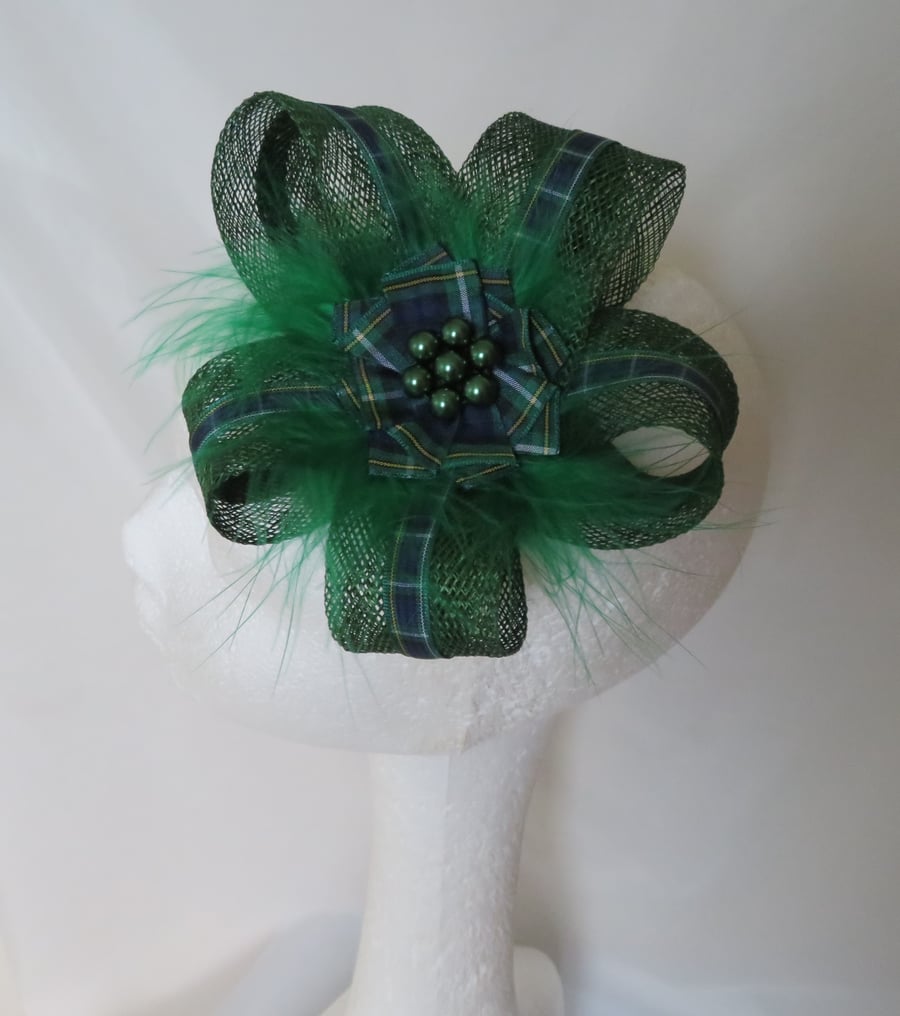 Dark Green Campbell Scottish Tartan Sinamay Loop Clip in Wedding Fascinator