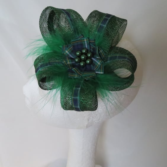 Dark Green Campbell Scottish Tartan Sinamay Loop Clip in Wedding Fascinator