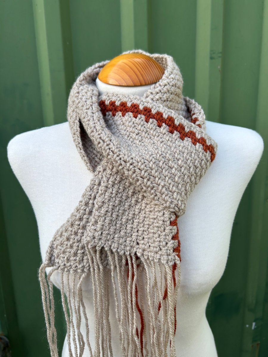 Beige and Rusty Brown Handmade Moss Stitch Scarf 