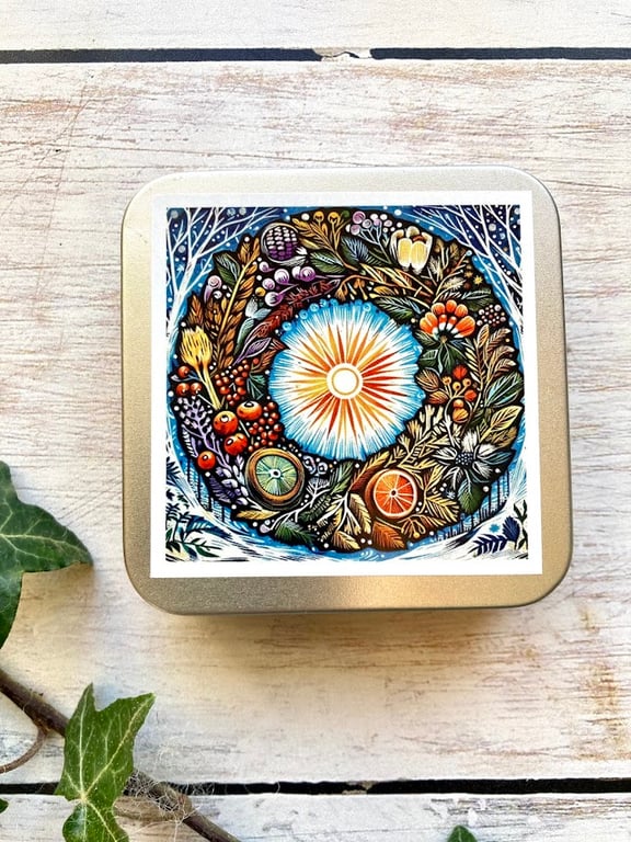 Wreath storage tin square buttons, stitch markers, beads, knitting, sewing