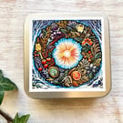 Wreath storage tin square buttons, stitch markers, beads, knitting, sewing