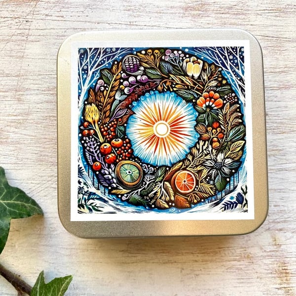 Wreath storage tin square buttons, stitch markers, beads, knitting, sewing