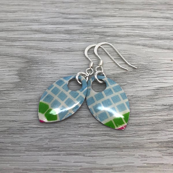 Decoupage and enamel scale earrings. Sterling silver. 